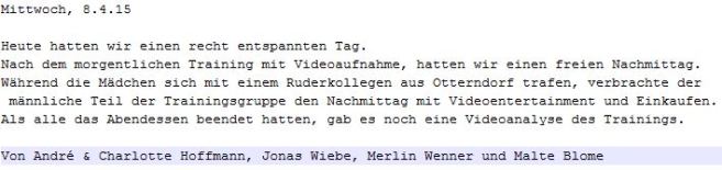 2015 Trainingslager Otterndorf Tagebuch 08.04.2015