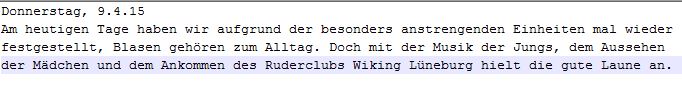 2015 Trainingslager Otterndorf Tagebuch 09.04.2015